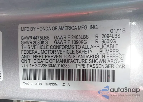 2018 Honda Accord Sport 2.0T z USA, uszkodzony, nr VIN 1HGCV2F30JA015235